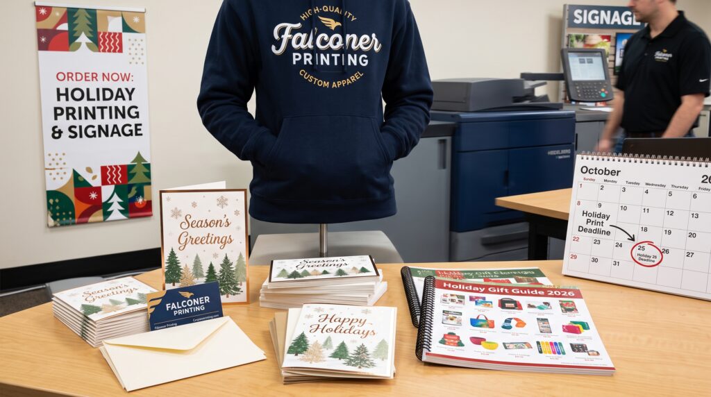 Holiday print projects on display at Falconer Printing, including custom holiday cards, product guides, branded hoodie, signage, and a planning calendar.