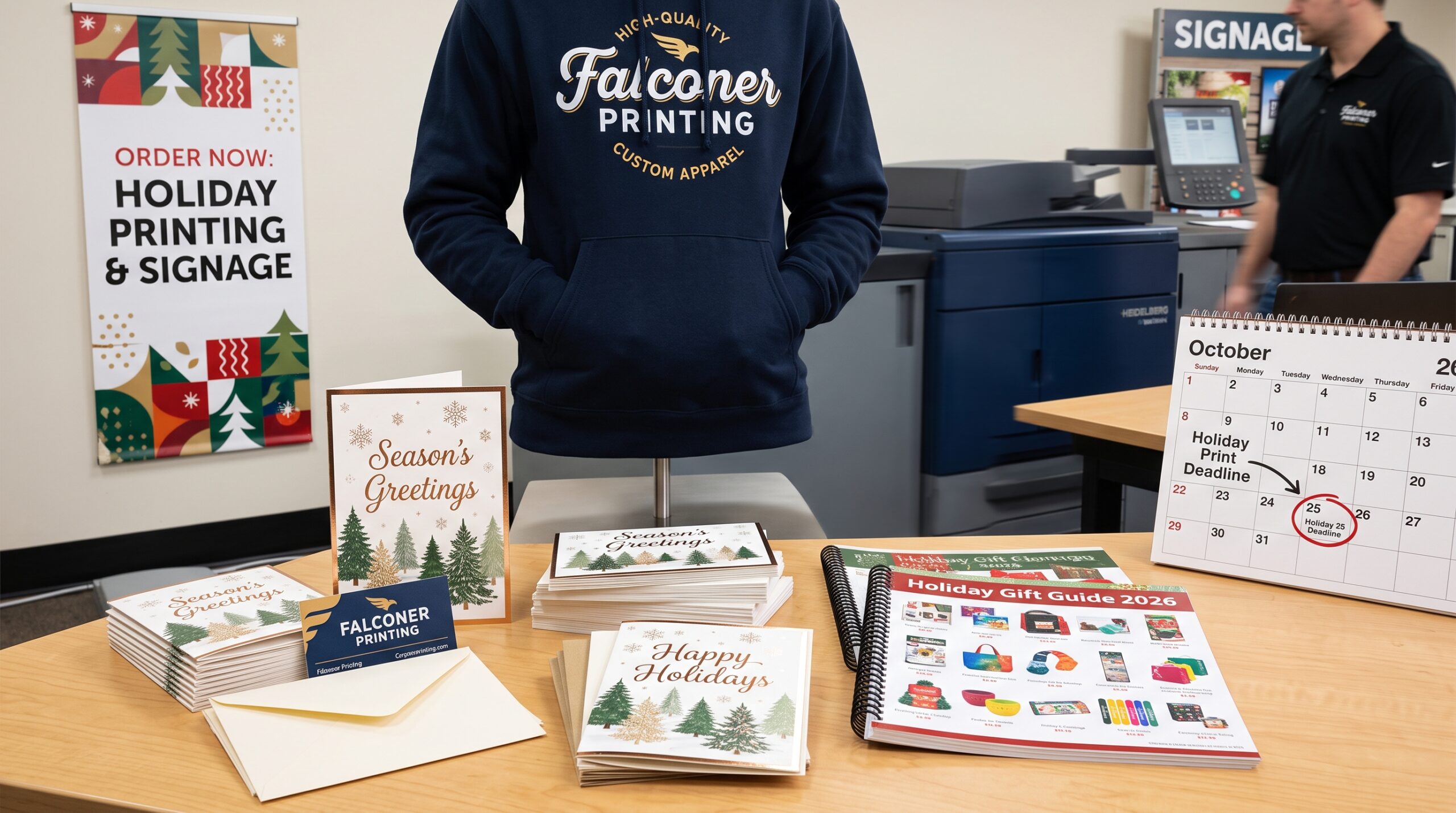 Holiday print projects on display at Falconer Printing, including custom holiday cards, product guides, branded hoodie, signage, and a planning calendar.