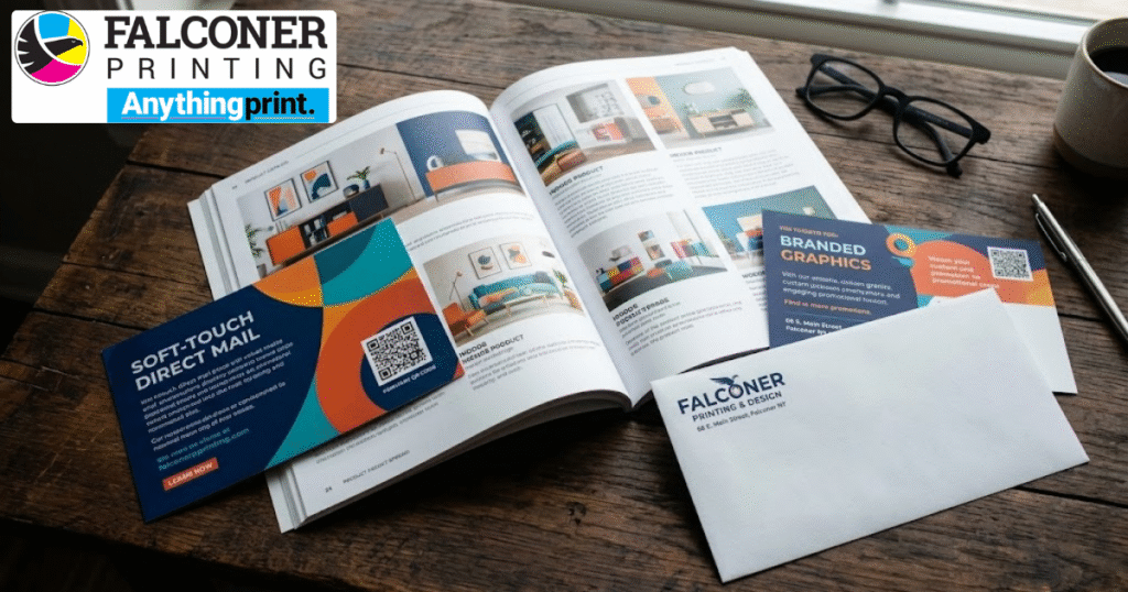 Custom product catalog spread and direct mail marketing samples printed at Falconer Printing in Falconer NY