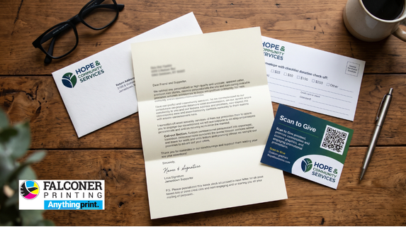 Custom non-profit donor appeal letter, remit envelope, and direct mail package designed and printed by Falconer Printing in Falconer NY