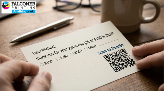 Variable data printing and dynamic QR code on a non-profit donor appeal card printed at Falconer Printing